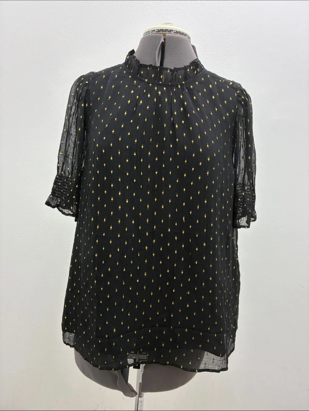 J. Crew Black Blouse with Gold Metallic Dot Print